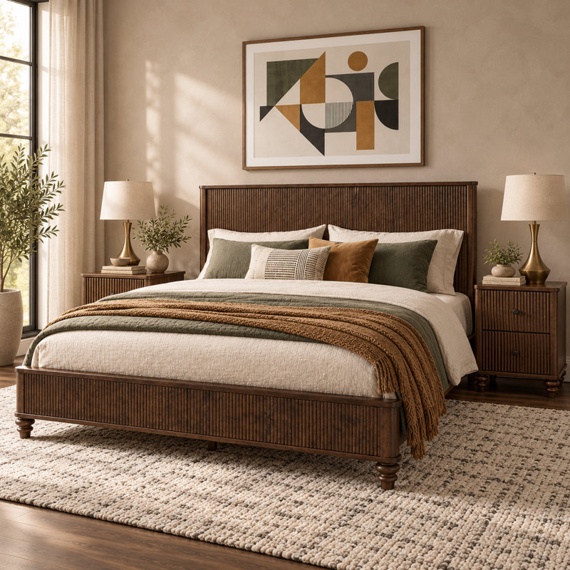 Sawyer Solid Wood Fluted King Platform Bed, King, Walnut