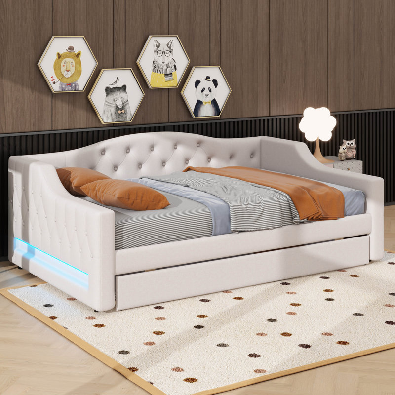 Lit de jour double TG avec bande lumineuse à DEL et lit gigogne, Beige