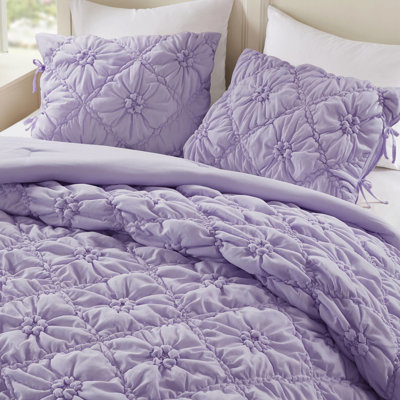 Édredon mauve à motif floral double / grand 3 pièces mauve, microfibre brossée douce, conception touffue avec accents de cravate - pour votre confort en mauve, toutes saisons et facile à nettoyer