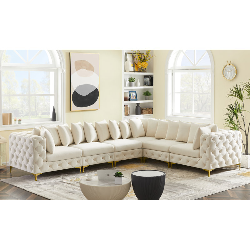 Tremblay 138" Wide Velvet Reversible Modular Corner Sectional, Cream Velvet