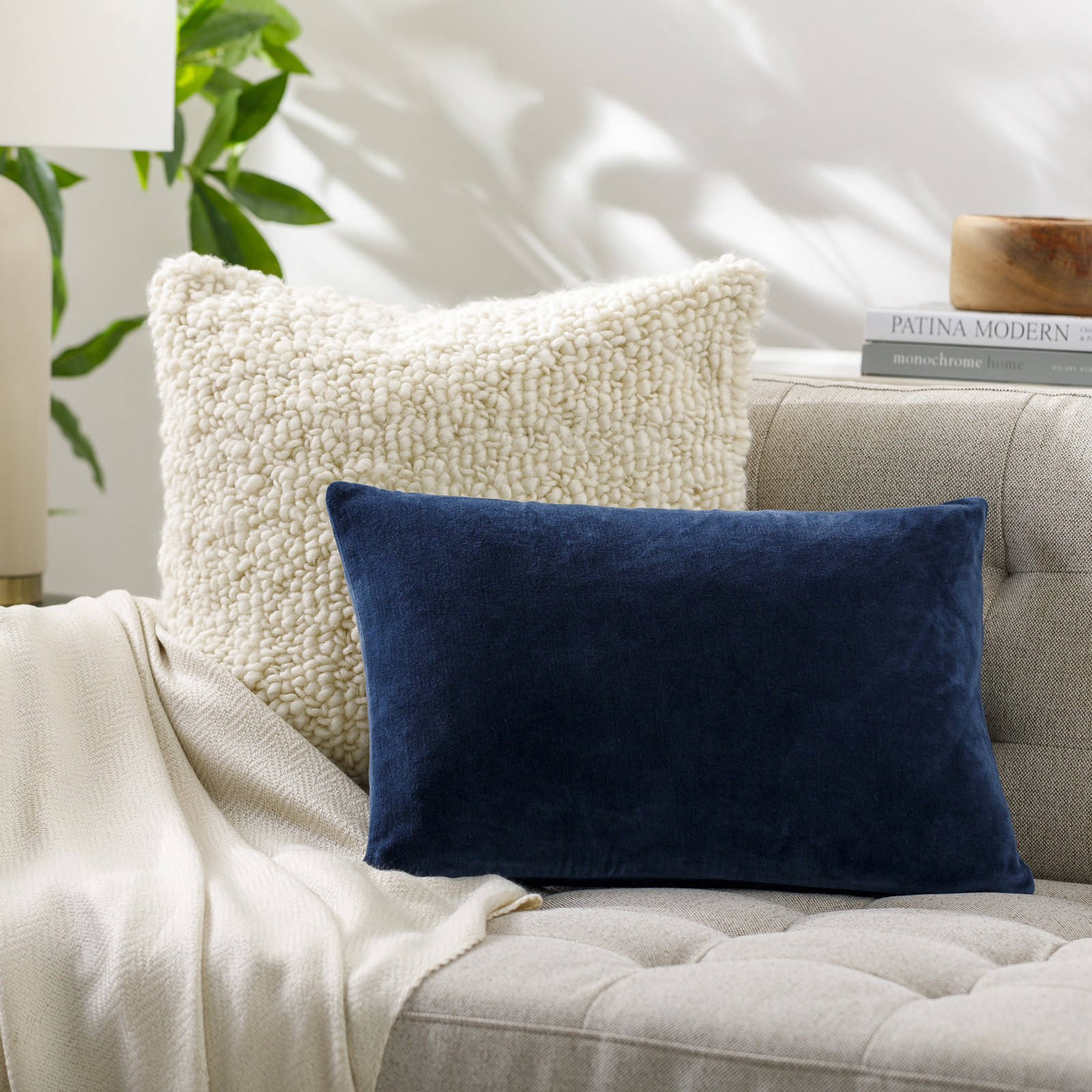 Cotton Lumbar Throw Pillow, 13" x 20", Down, Green