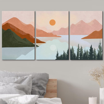 «Pastel Mountain Range Lake Forest», reproduction sur toile 3 pièces