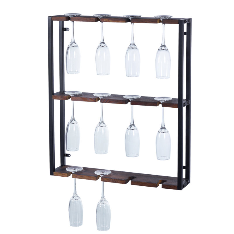 Metal/Solid Wood Wall Mounted Wine Glass Rack in Black/Brown 
