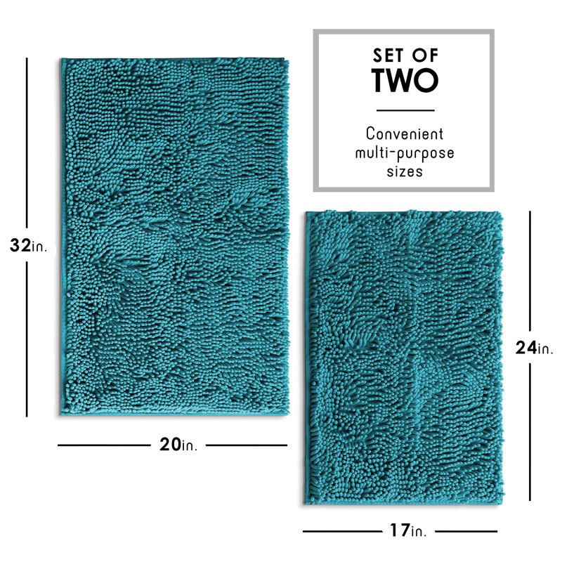 Yasmen Soft Absorbent Chenille Bath Rugs with Non-Slip Backing (Set of 2), Teal