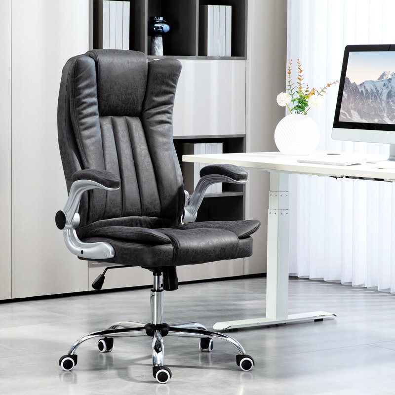 Chaise grise en microfibre avec accoudoirs rembourrés rabattables, siège réglable en hauteur, inclinable et dossier haut pivotant à 360 °, inclinable en hauteur, pivotant,