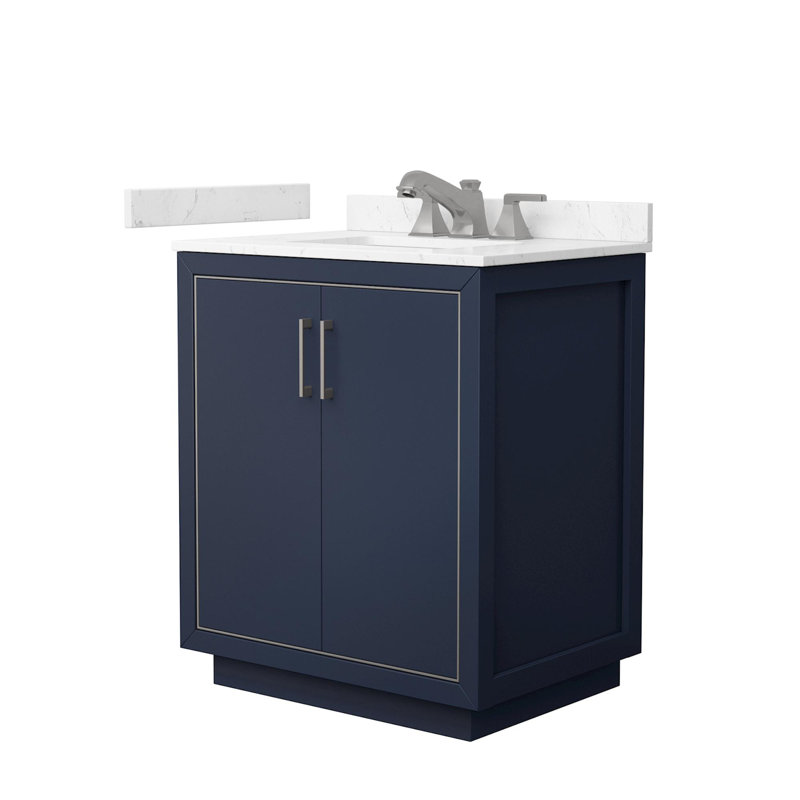Meuble-lavabo simple autoportant 30 po avec plateau en marbre Icon, Nickel brossé, Bleu, Carrara Cultured Marble