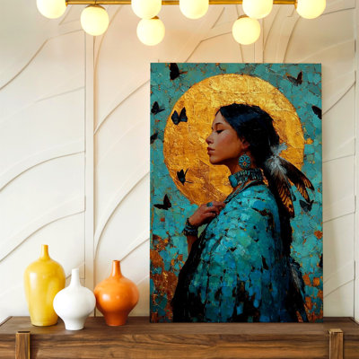 «Native Woman Portrait Gold Sun Halo Butterflies Turquoise», reproduction d'art sur toile pour le salon, la chambre à coucher, le bureau, le couloir, l'entrée, le mur de la galerie et la décoration intérieure moderne