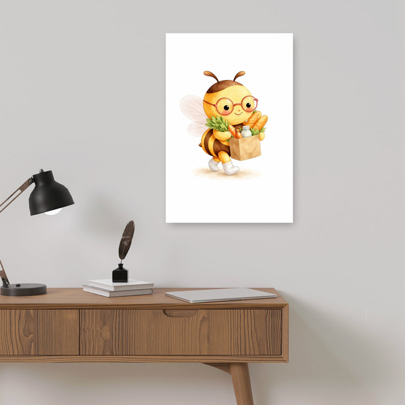 Happy Bee With Groceries Contemporary Bee Nature Wall Art Print 1 Piece Wrapped Canvas Wall Art, 45.72cm H x 30.48cm W