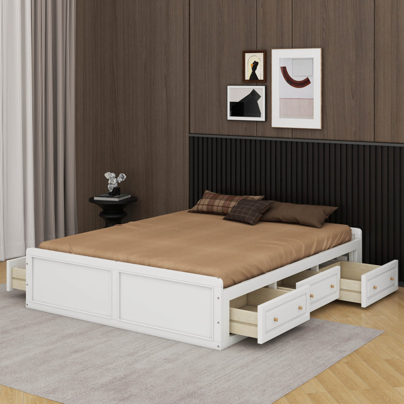 Grand lit plateforme avec tiroirs, Blanc