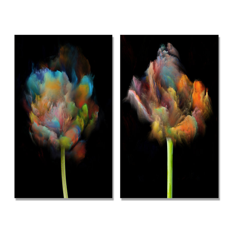 «Blooming Multicolor Fractal Flower», ensemble de 2 peintures sur toile, Toile tendue, H 20 po x l 24 po x P 1 po
