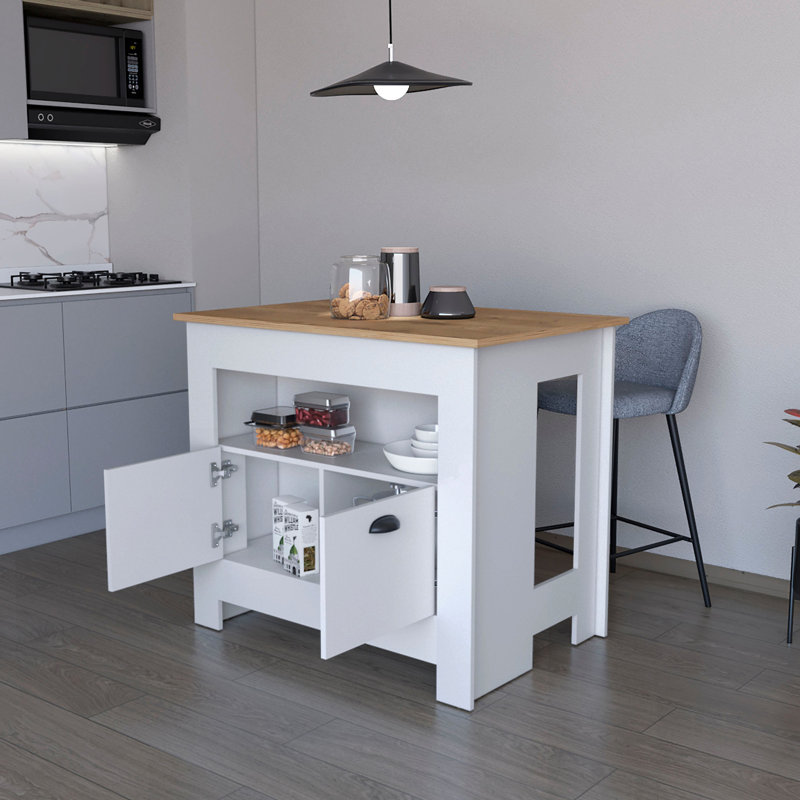 Îlot de cuisine blanc à 2 portes avec beaucoup d'espace de rangement - 3 tablettes charmantes et 2 portes pratiques, White
