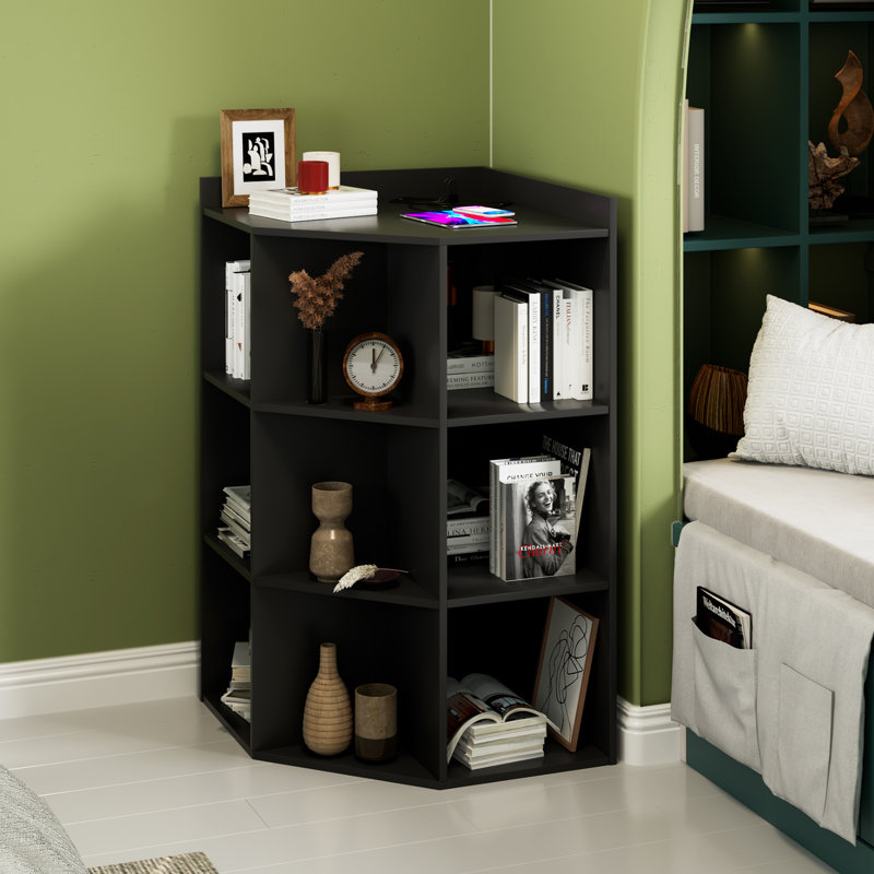 Modern Corner Bookshelf with Charging Station– Space-Saving Wooden Corner Cabinet for Small Space, Playroom, Living Room