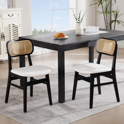 Upholstered Seat Solid Wood Dining Chair,Rattan Back Side Chair For Living Room/Dining Room