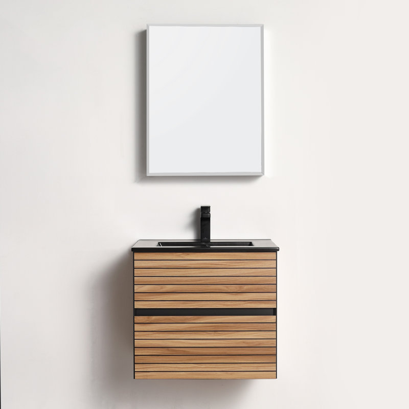 24" Floating Bathroom Vanity with Sink – Wall-Mounted All-Wood Cabinet with Soft-Close Drawers, Open-Back Design & Durable Ceramic Top