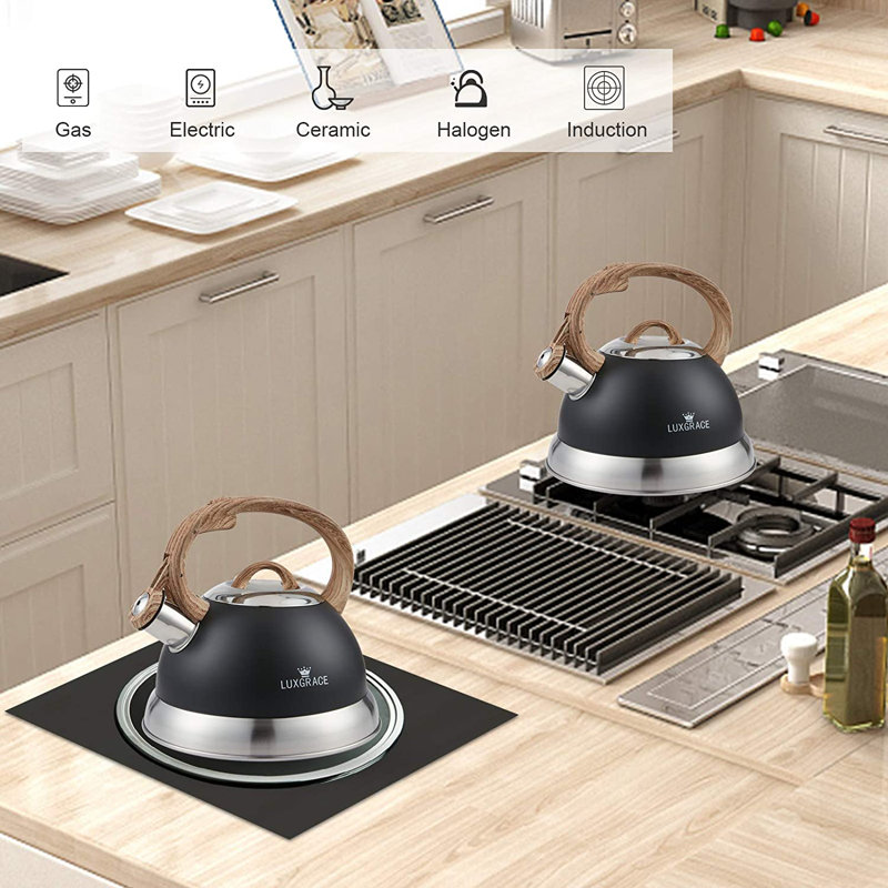 Opaque Black Stainless Steel Whistling Tea Kettle with Wood Handle