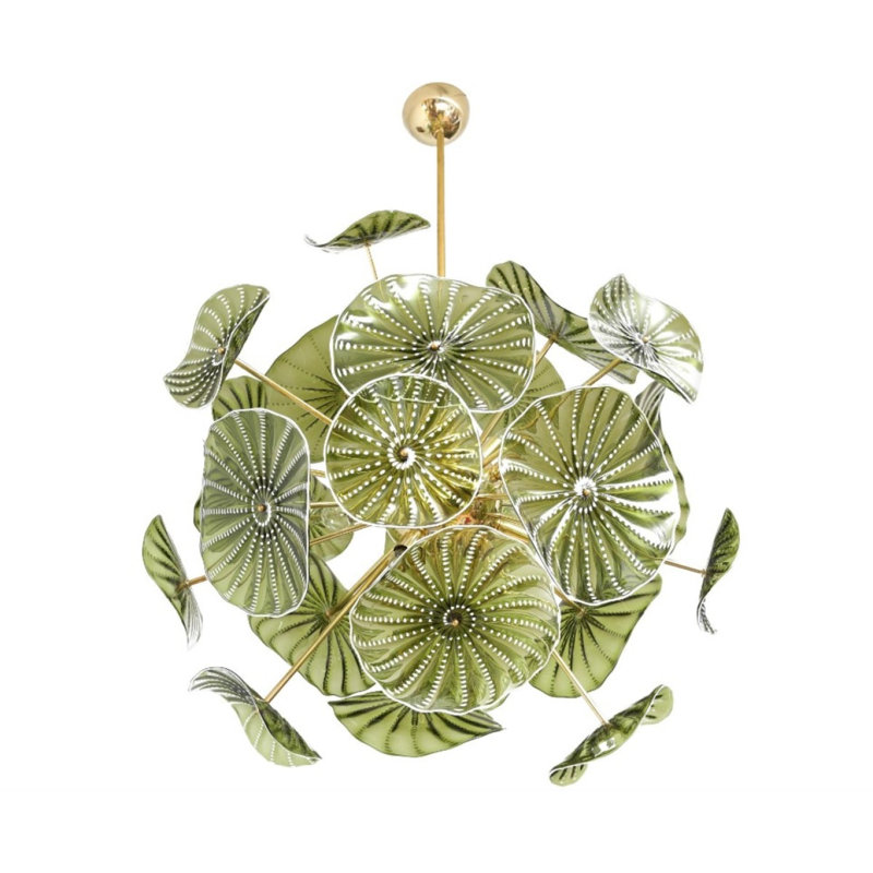 Lustre à disque Alan Mizrahi Fiore Verde Murano, Plaqué or, Ambre, 82" diameter x 92" Height