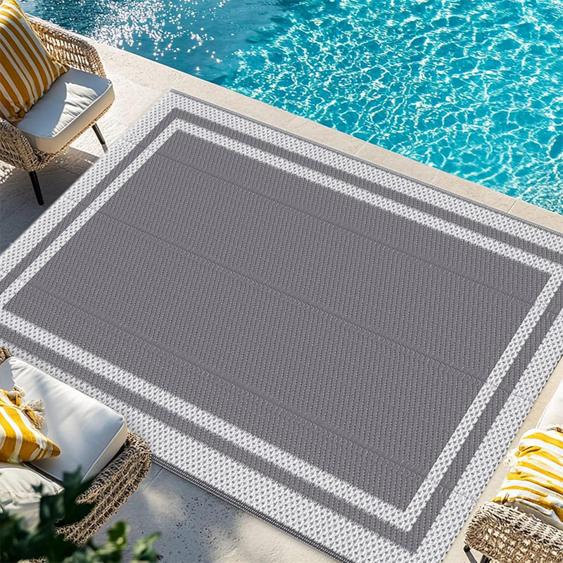 Durable Camping mats in Grey with White Edge Outdoor Rugs Reversible Waterproof mat, Rectangle 5' x 8'