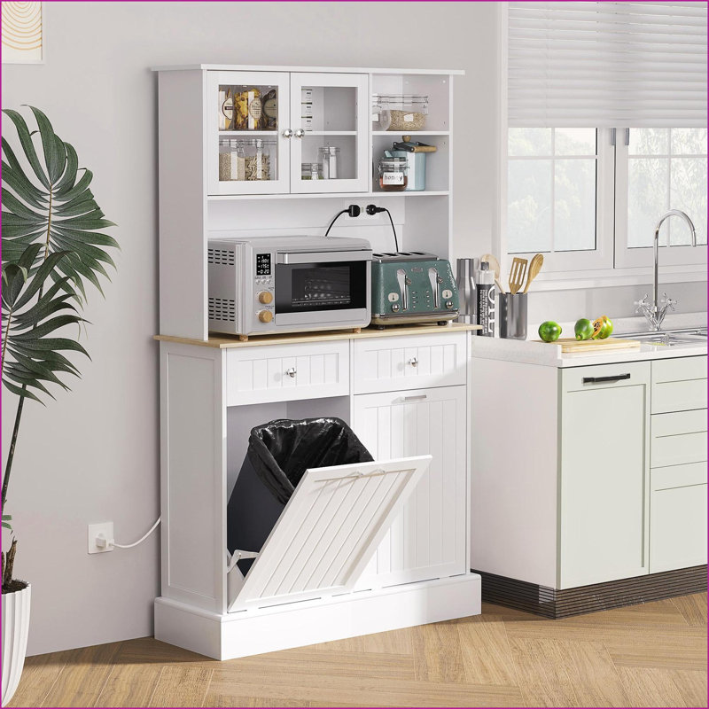 HOMCOM White Kitchen Pantry Cabinet with Charging Station, Tilt-Out Trash &amp; Microwave Stand | MDF | Particleboard