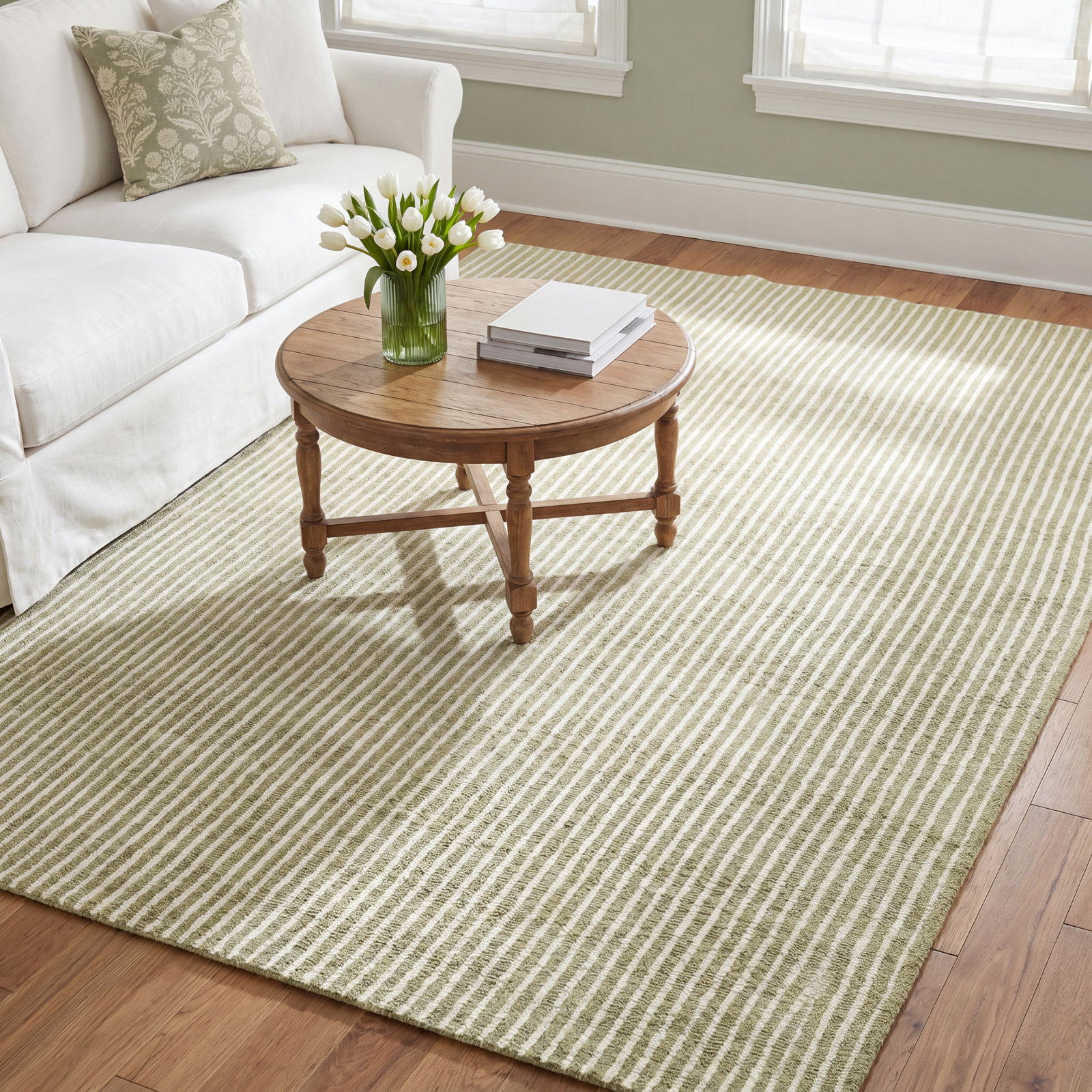 Lola Green Hand-Tufted Striped Wool Rug, Rectangle 7'10" x 9'10"