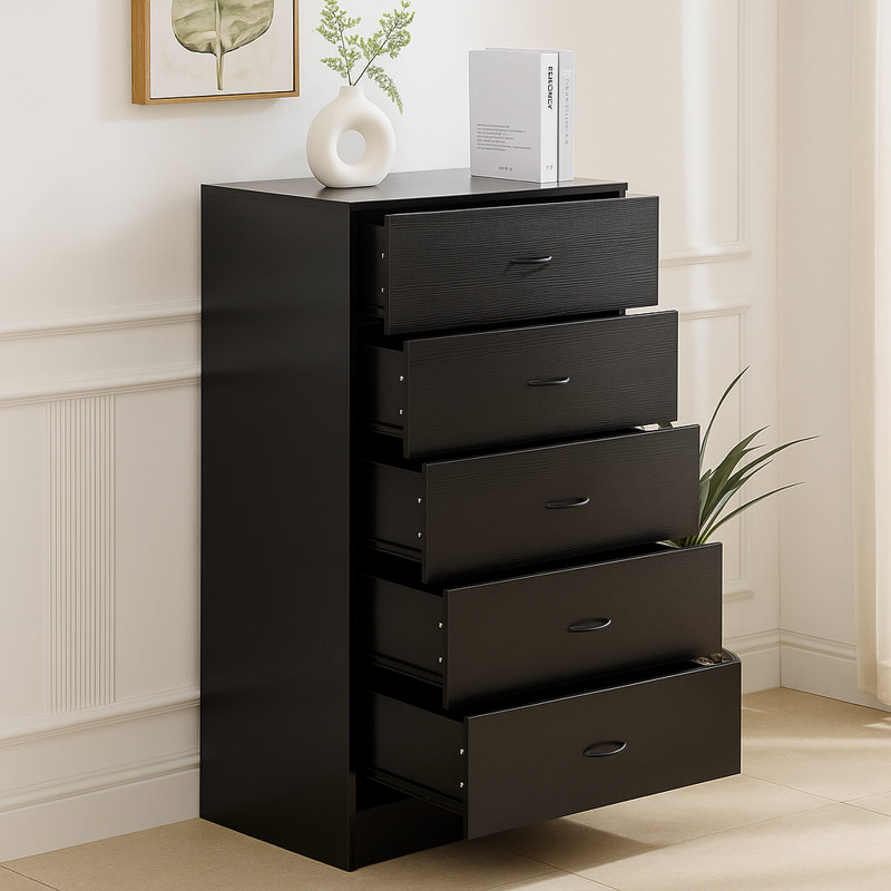 White 5 - Drawer Dresser, Modern Storage Chest for Bedroom or Living Room Organization, Noir