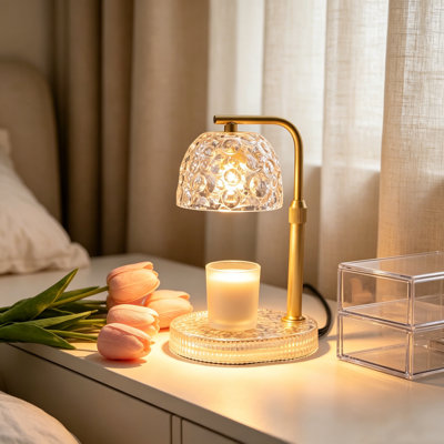 Candle Warmer Lamp with Timer Dimmer, Honeycomb Glass Wax Melt Warmer for Jar Candles, Adjustable Height Wax Warmer Lamp with 2 Bulbs for New Home Bedroom Decor (Pearl White)