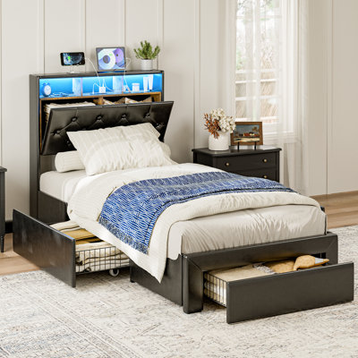 Twin Xl Bed Frames With Storage Drawers, Hidden Storage Headboard With Led Lights & Charging Station, Upholstered Twin Xl Platform Bed, Solid Wood Slats, No Box Spring Needed