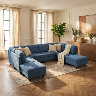 8-Piece Blue Flannel Living Room Sofa Set