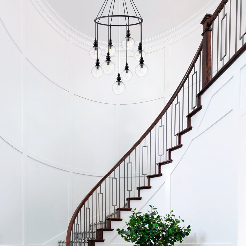 9-Light Matte Black Sputnik Chandelier With Adjustable Cords, Clear Glass Globe Shades, Customizable Starburst Pendant Lighting For Dining Room Kitchen Island, 28.7" Wide, E12 Base, ETL Listed