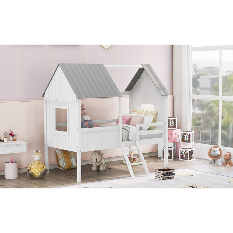 Lit mezzanine simple de taille simple avec fenêtres latérales - Structure de jeu en bois de pin blanc et gris