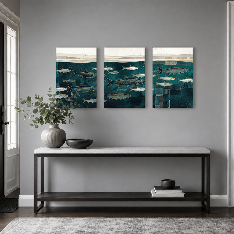 «Silver Tarpon Fish in Teal Water», ensemble de 3 toiles, H 36 po x l 24 po x 3 pièces
