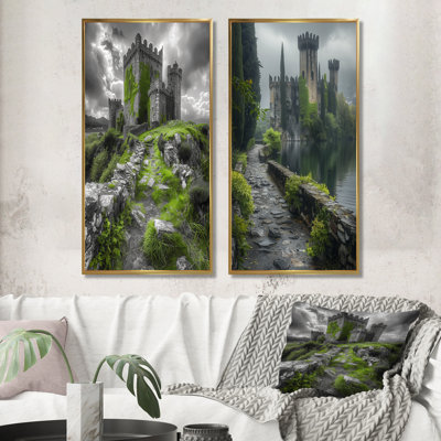 Grey Green Summer British Castle Storm I - Castles Wall Art 2 Pieces Set