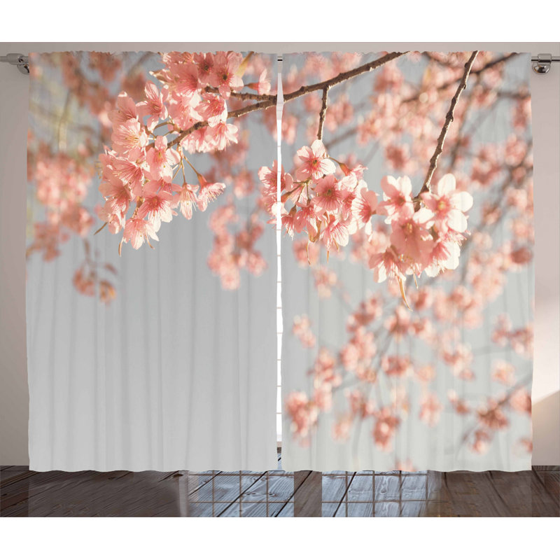 Kuzirian Japanese Scenery Sakura Tree Cherry Blossom 2 Piece Floral Semi-Sheer Curtain Panel Set, 54" W x 96" L