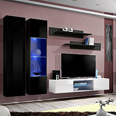 100" Modern Floating Wall Mounted Entertainment Center with 16-Color LED Lighting, High Gloss Finish