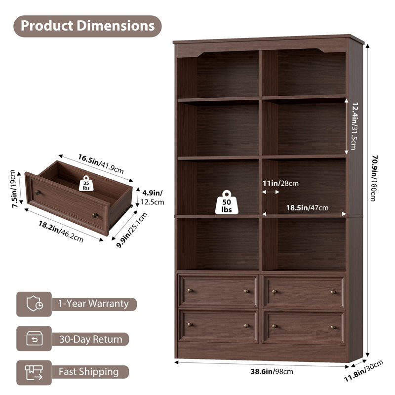 Bibliothèque standard à 6 niveaux avec 4 tiroirs, Dark Walnut