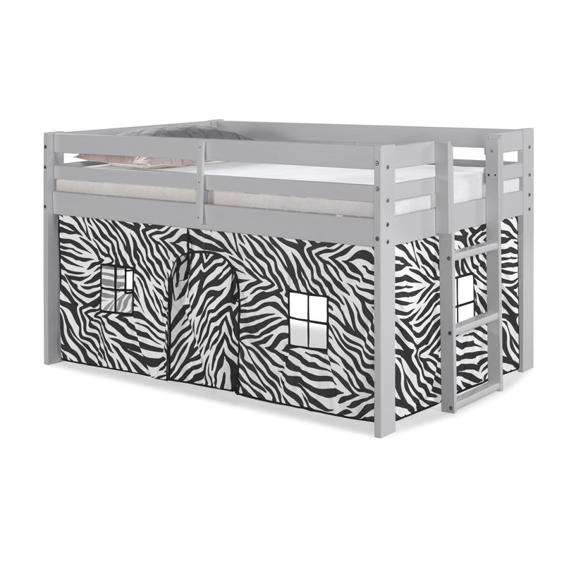 Fern Rock Twin Solid Wood Loft Bed with Playhouse Tent, Gray, Black/White