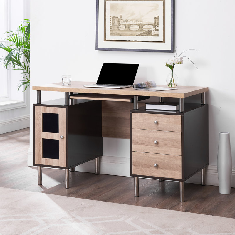 Armany Home Office Executive Writing Desk with Storage Cabinet, 3 Spacious Drawers, Keyboard Tray & Power Charging Station – Sturdy Wood Computer Desk for Study, Work & Home Workspace Organization
