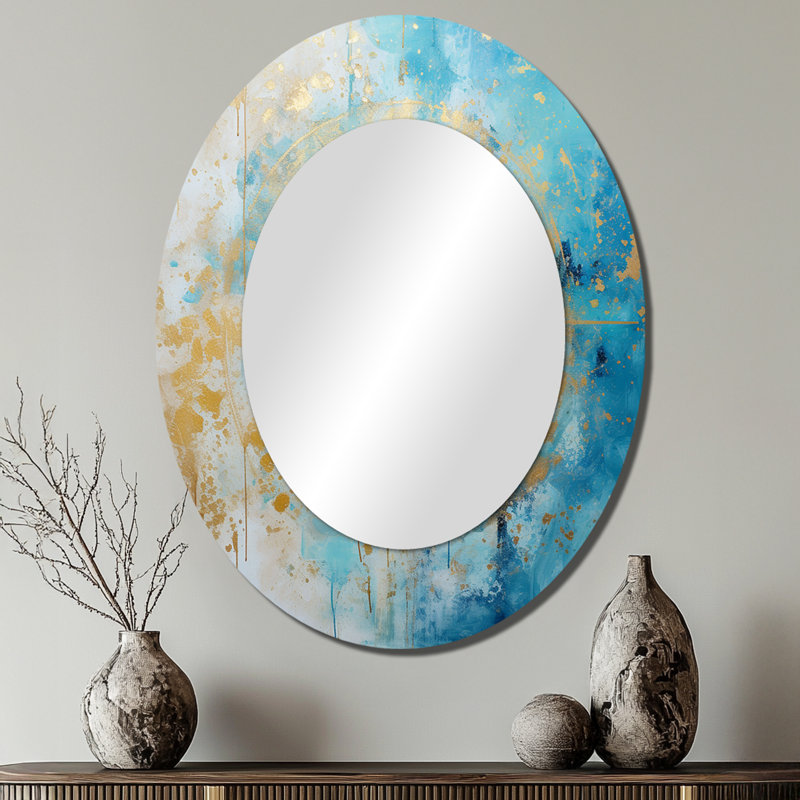 Divine Mandala Delicate Gold Gentle Turquoise I - Geometric Oval Decorative Mirror On Metal, 40" x 30"