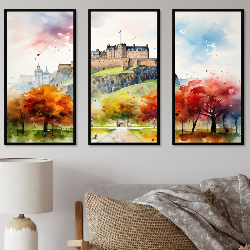 Art mural forteresse médiévale en Angleterre I, Cadre flottant noir, H 28 po x l 36 po x P 1 po