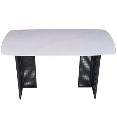 Modern-Style Rectangular Tempered Glass Dining Table for 6, Featuring a Marble-Patterned Design with Hollow-Out Metal Legs, an Ideal Dining Table for