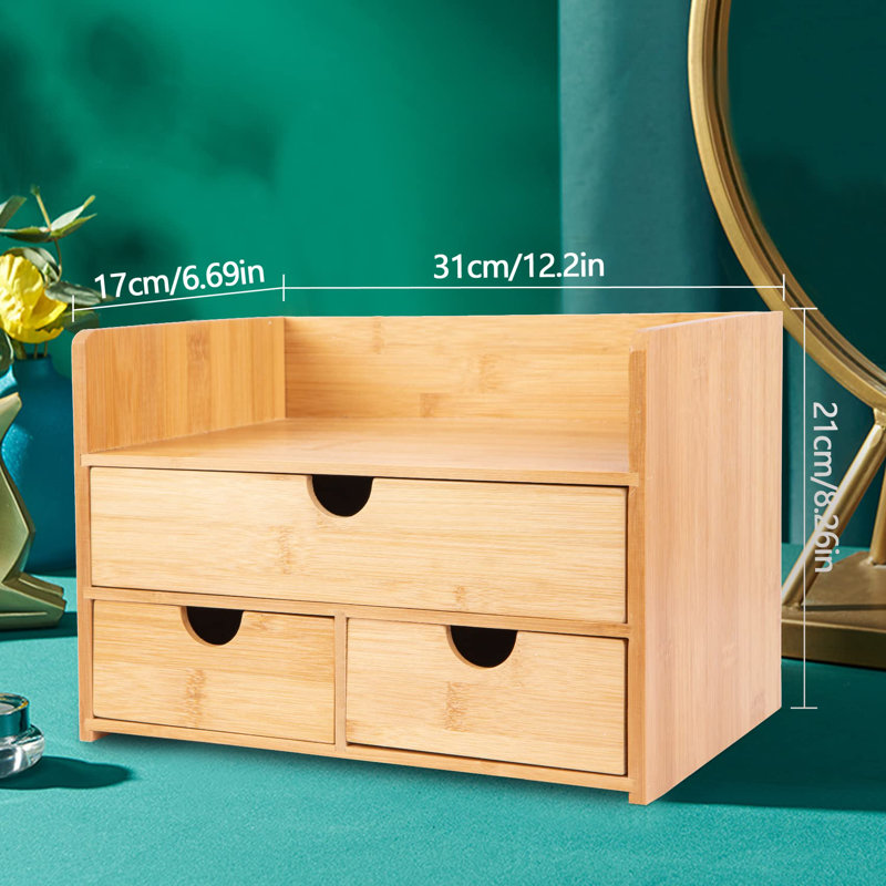 Large Natural Bamboo Makeup Organizer with Three Drawers