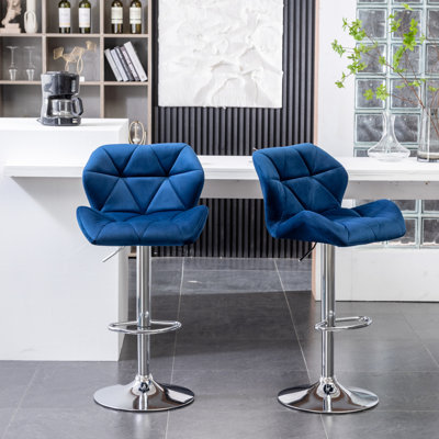 Fauteuil pivotant en velours bleu (2) à hauteur réglable avec base à dossier mi-hauteur et repose-pieds, de confort, hauteur et capitonnage