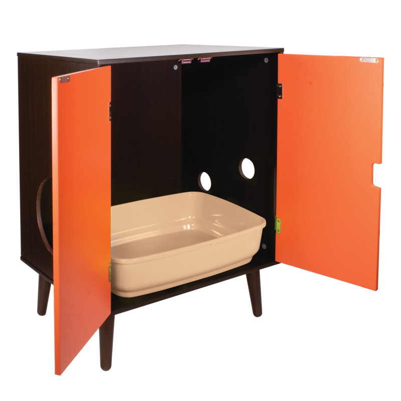 Contemporary Home Cat Litter Hide-Away Cabinet Litter Box Enclosure, Brown/Orange