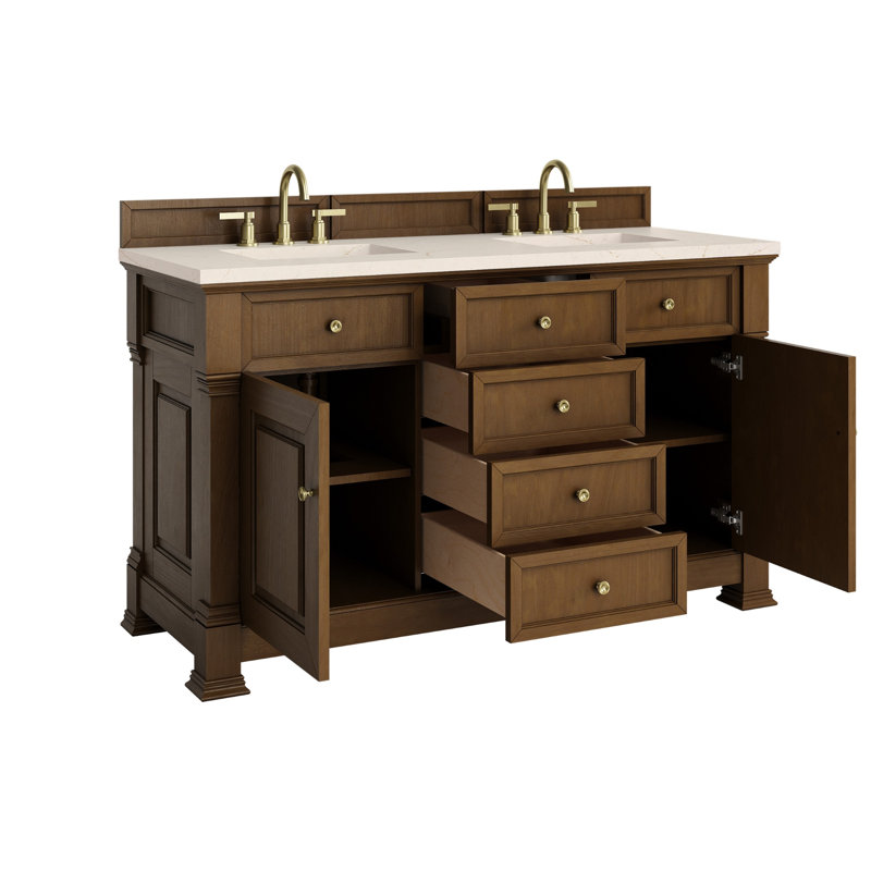 Brookfield 60'' W Double Vanity, Carrara White, Widespread, Honey Oak