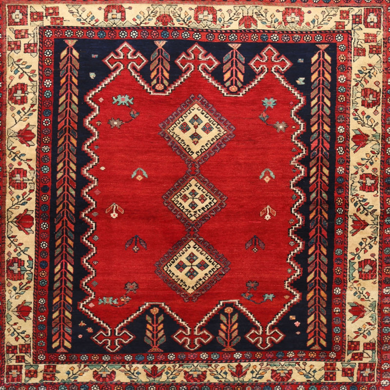 Tapis traditionnel rouge / noir, Carré 3 pi