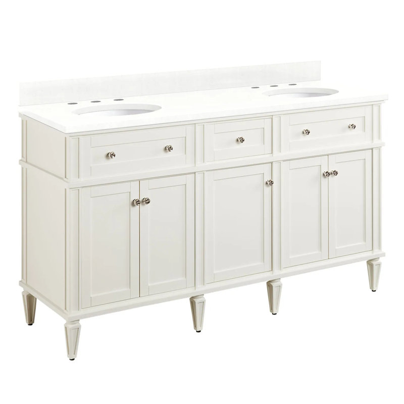 60" Elmdale Double Bathroom Vanity Set with Oval Undermount Sinks, 8" Widespread, Feathered White Quartz, Soft White