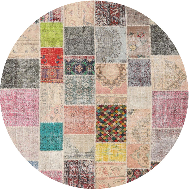 Tapis gris/rose/beige contemporain, Rond 5 pi