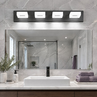 Applique murale moderne de salle de bain avec miroir intégré, 4 lumières DEL, en métal noir, 66 cm (26 po), en acrylique.