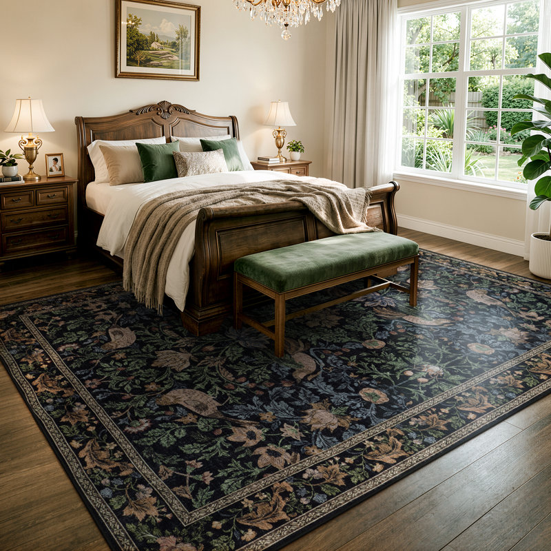  Tapis lavable floral vert forêt, tapis traditionnel antidérapant rétro pour le salon, la salle à manger et la chambre à coucher, revêtement de sol style chalet