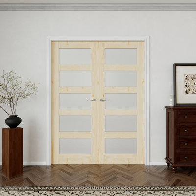 Interior 5-Lite Pine Wood & Frosted Glass Door, Colonial Natural Solid Pine Double French Doors, SGCC Certified Tempered Glass, White Frame & Satin Nickel Hardware-Privacy Door Lever with Lock, Latch & Hinges, Unfinished & Paintable, 64"x 80"