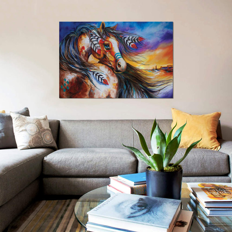 « 5 plumes indien guerre du cheval », reproduction sur toile, H 26 po x l 40 po x P 1,5 po